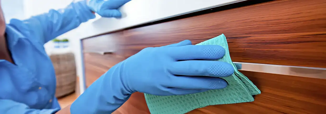 Cleaner wearing blue gloves wiping a wooden cabinet drawer with a microfiber cloth for dust and grime removal, Aurora, CO.