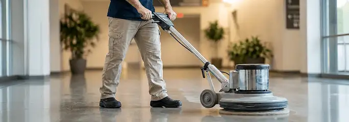 Professional technician using an industrial floor buffer to polish and maintain shiny commercial flooring in a corporate hallway in Aurora, CO.