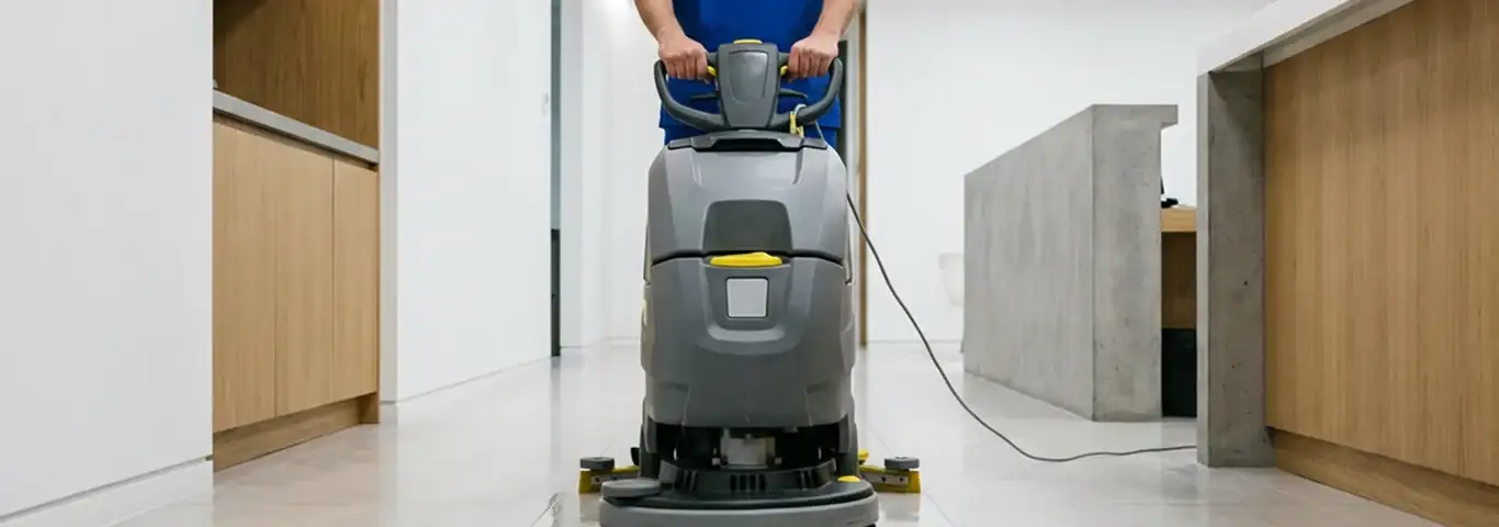Janitorial staff using a floor scrubber machine to clean a commercial hallway, Aurora, CO.