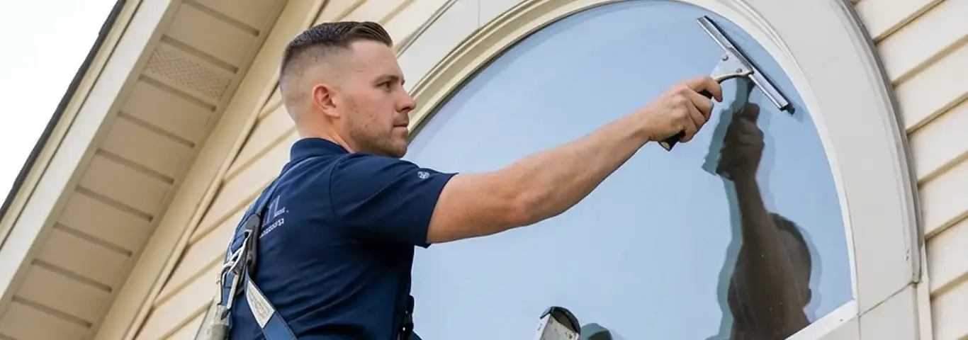 Professional window cleaner using a squeegee to clean an exterior arched window on a home, Aurora, CO.