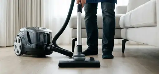 Professional house cleaner vacuuming a living room floor with a canister vacuum cleaner, Aurora, CO.