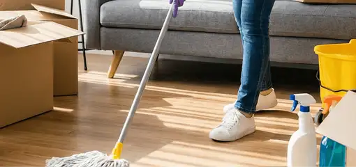 Move-out cleaning setup with a cleaner mopping hardwood floors near moving boxes and cleaning supplies, Aurora, CO.
