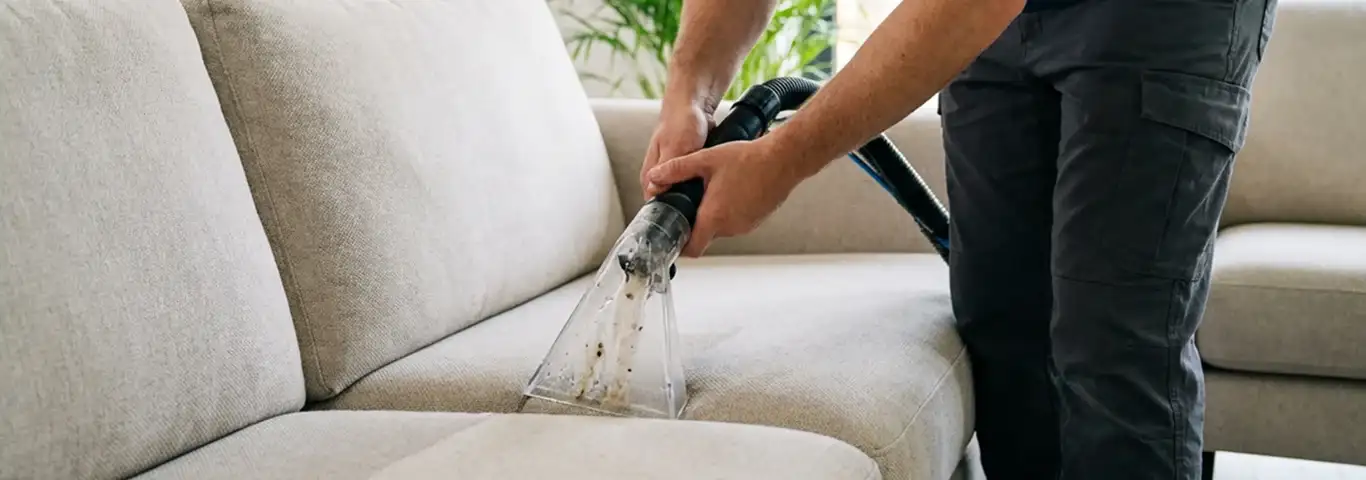 Technician extracting dirt and moisture from a fabric sofa with an upholstery cleaning wand, Aurora, CO.