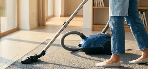Person vacuuming a living room rug with a canister vacuum cleaner near large windows, Aurora, CO.